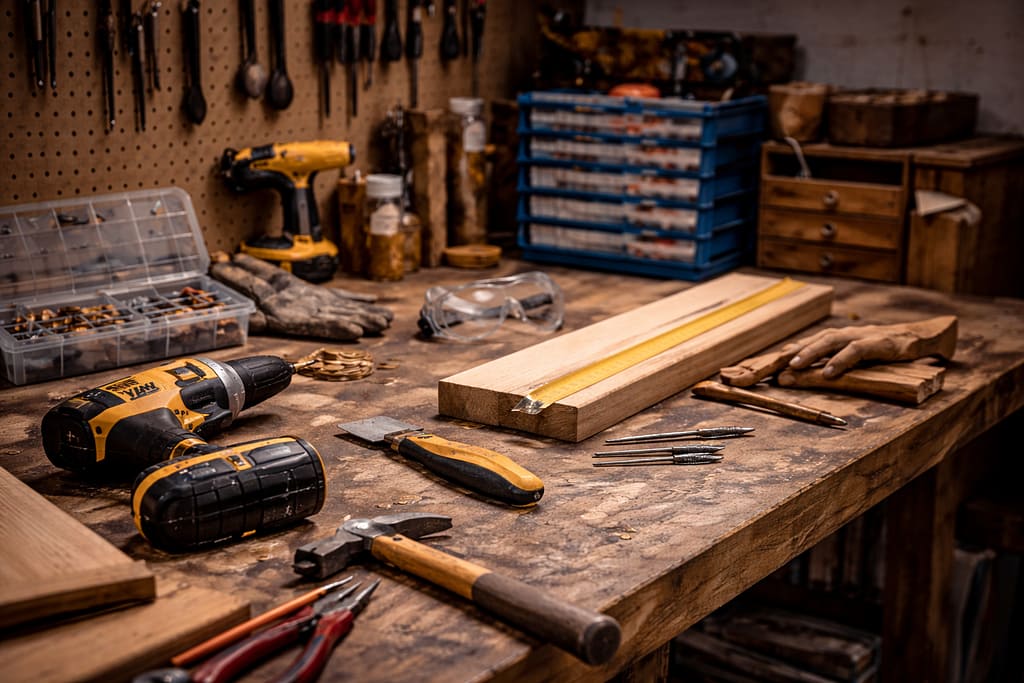 Astuces bricolage. Établi de bricolage organisé avec outils essentiels, équipements de sécurité et matériaux en bois, illustrant des pratiques efficaces et sécurisées