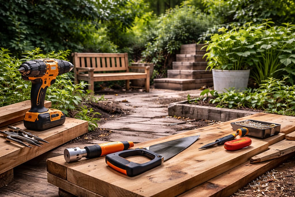 Bricolage extérieur, ambiance extérieur de jardin, petite allée en bois entourée de verdure avec un banc en bois en fond. Sur le premier plan des outils de bricolage, perceuse scie, tournevis pince, posés sur des planches en bois