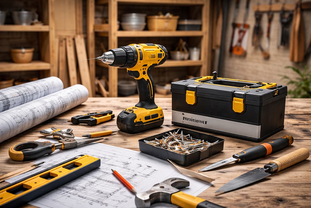 Photo d'un etabli avec des outils posés dessus, une malette , une perceuse, un marteau, un niveau , des couteau, un plan de montage, un crayon de papier et en fond représentation d'étagères remplis de choses et d'autre