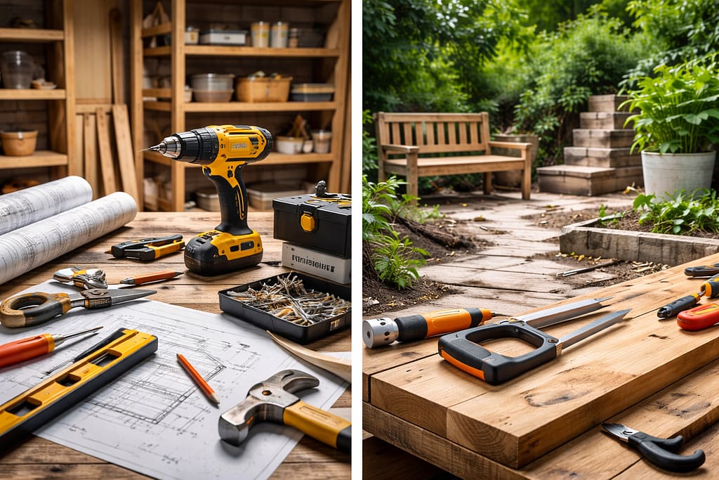 Une photo d'illustration pour Guides de bricolage, séparée en deux partie bricolage intérieur et bricolage extérieur. Sur la partie de gauche Photo d'un etabli avec des outils posés dessus, une malette , une perceuse, un marteau, un niveau , des couteau, un plan de montage, un crayon de papier et en fond représentation d'étagères remplis de choses et d'autre et sur la partie de droite Ambiance extérieur de jardin, petite allée en bois entourée de verdure avec un banc en bois en fond. Sur le premier plan des outils de bricolage, perceuse scie, tournevis pince, posés sur des planches en bois