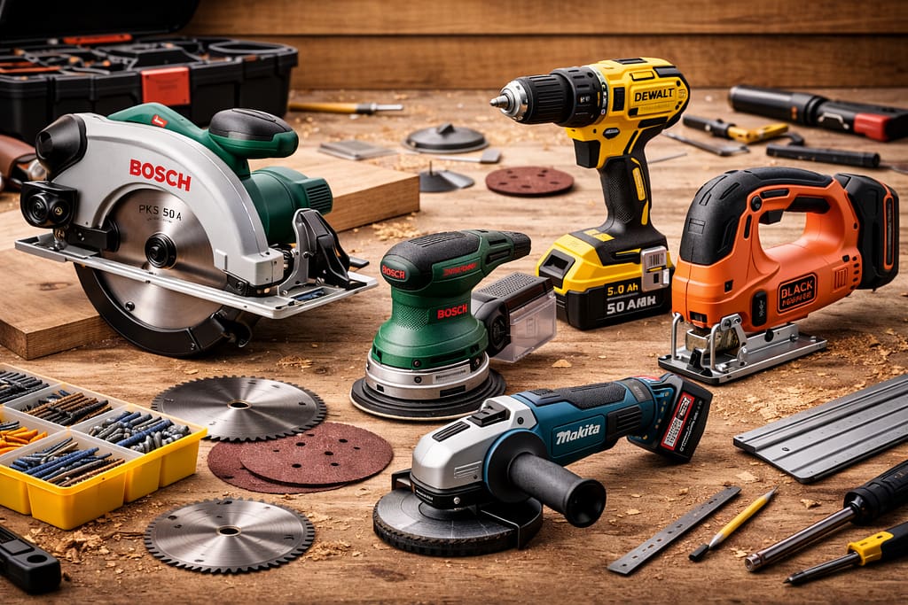 image représentant plusieurs outils électroportatifs de bricolage. Une scie circulaire, une perceuse, une meuleuse d'angle, une ponceuse, une scie sauteuse et différents accessoires disque à découper, disque abrasif, tournevis, crayon