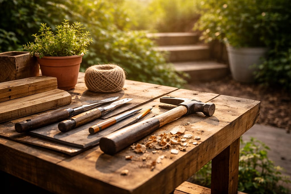 Établi en bois avec quelques outils essentiels disposés simplement, dans une ambiance naturelle et lumineuse illustrant la sobriété et le travail bien fait