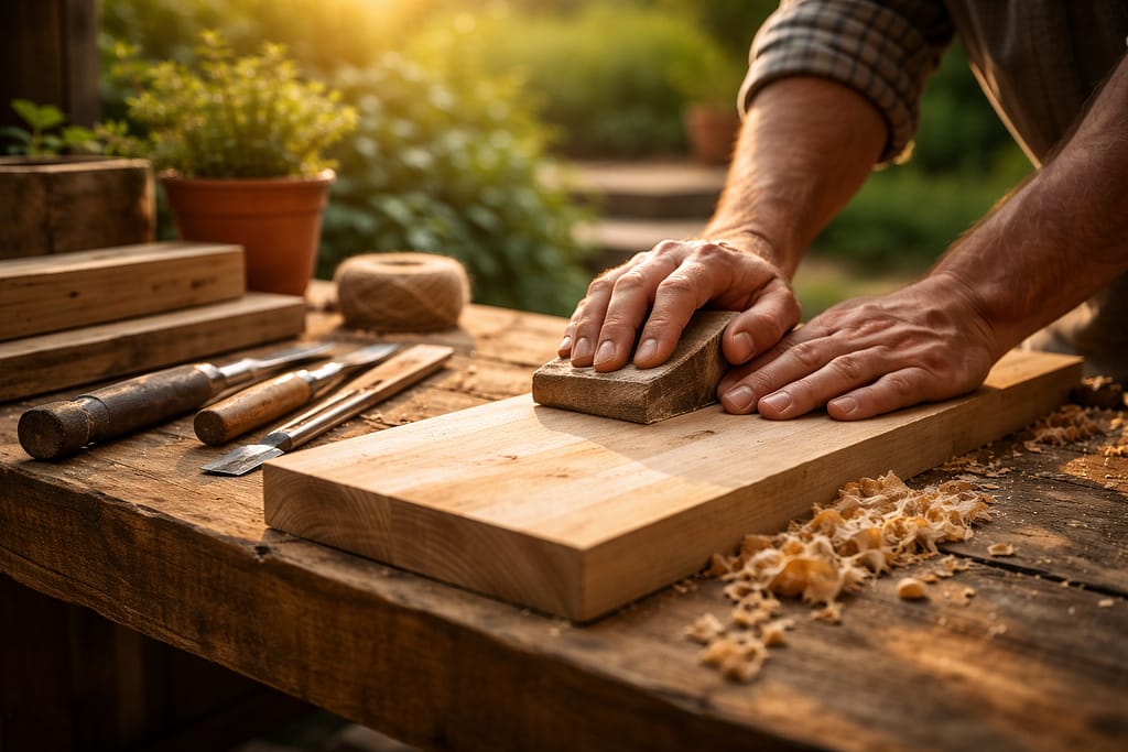 Mains d’un bricoleur ponçant soigneusement une planche en bois sur un établi, entouré d’outils simples, illustrant le travail précis et appliqué