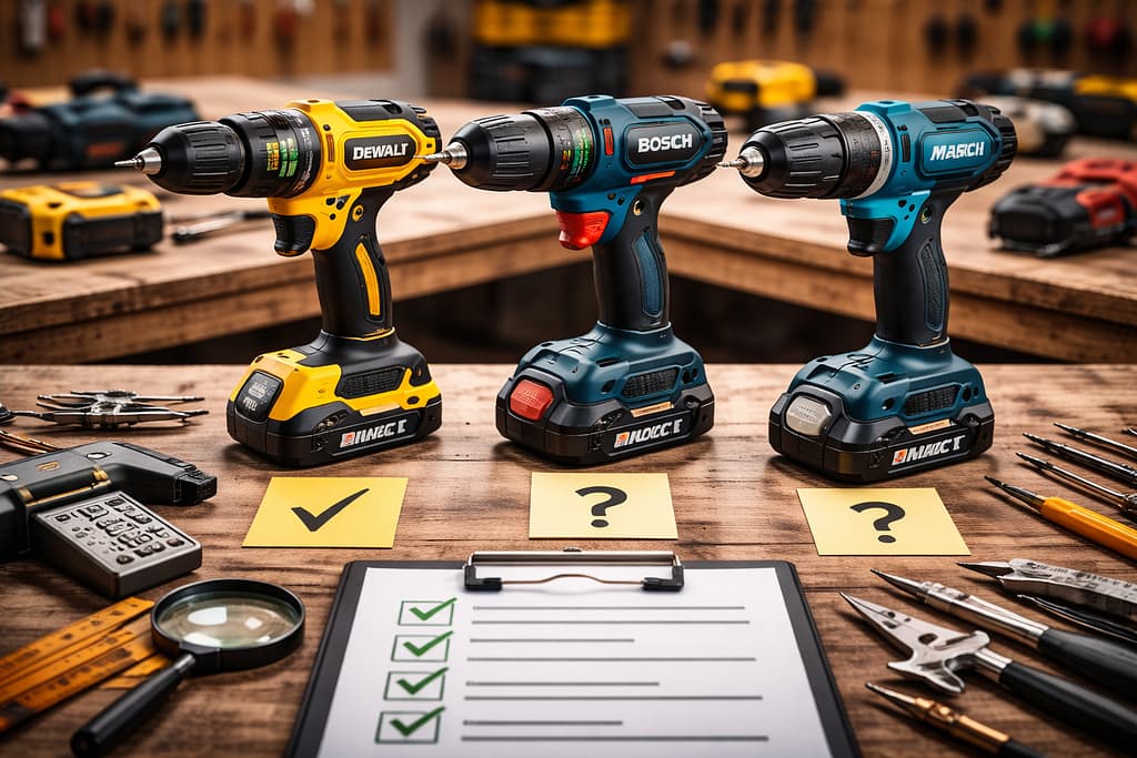Comparatifs outils de bricolage, des perceuses visseuses sans fil sur établi de bricolage, avec plusieurs modèles alignés pour évaluer performances, ergonomie et rapport qualité prix
