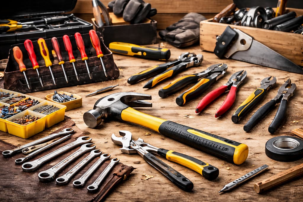 Outils à main indispensables pour travaux de bricolage, marteau, tournevis, pince, niveau, mètre, crayon, cutter