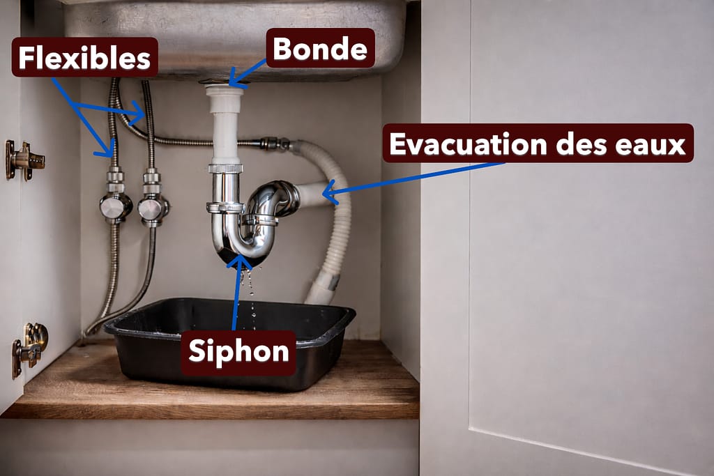 image du dessous d'un évier avec flexibles, bondes, siphon et évacuation des eaux