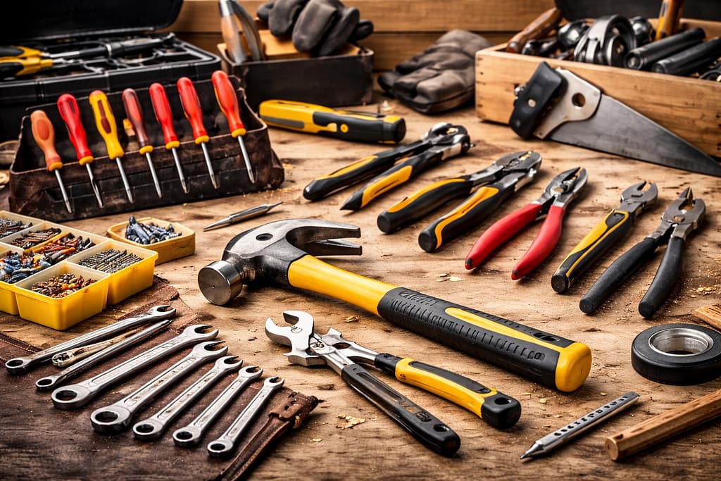 image représentants plusieurs outils à main de bricolage étalés sur un établi en bois. Tournevis, marteau, pinces, scotch, crayon, clés, scie, mallettes à outils