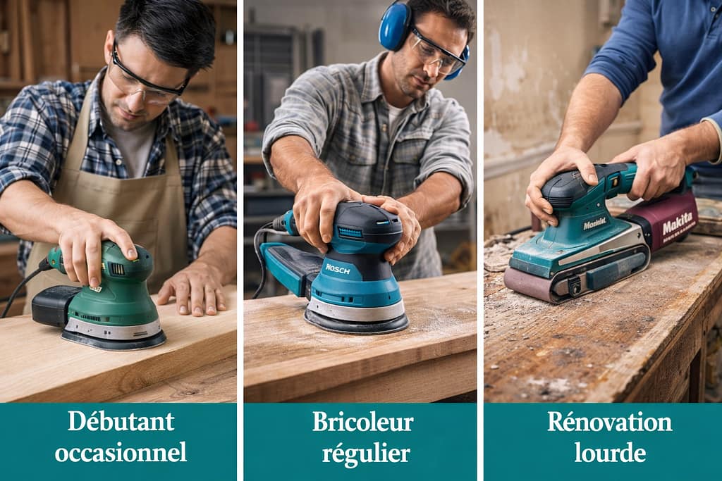 Comparaison de profils de bricoleurs utilisant différents types de ponceuses : ponceuse vibrante pour débutant occasionnel, ponceuse excentrique pour bricoleur régulier et ponceuse à bande pour travaux de rénovation lourde.