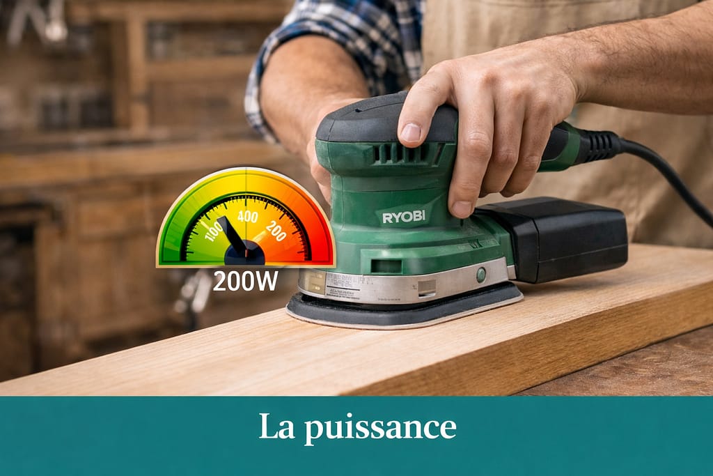 Ponceuse électrique utilisée sur une planche en bois, montrant une prise en main ergonomique, une vitesse de ponçage maîtrisée et un travail précis pour des finitions propres.