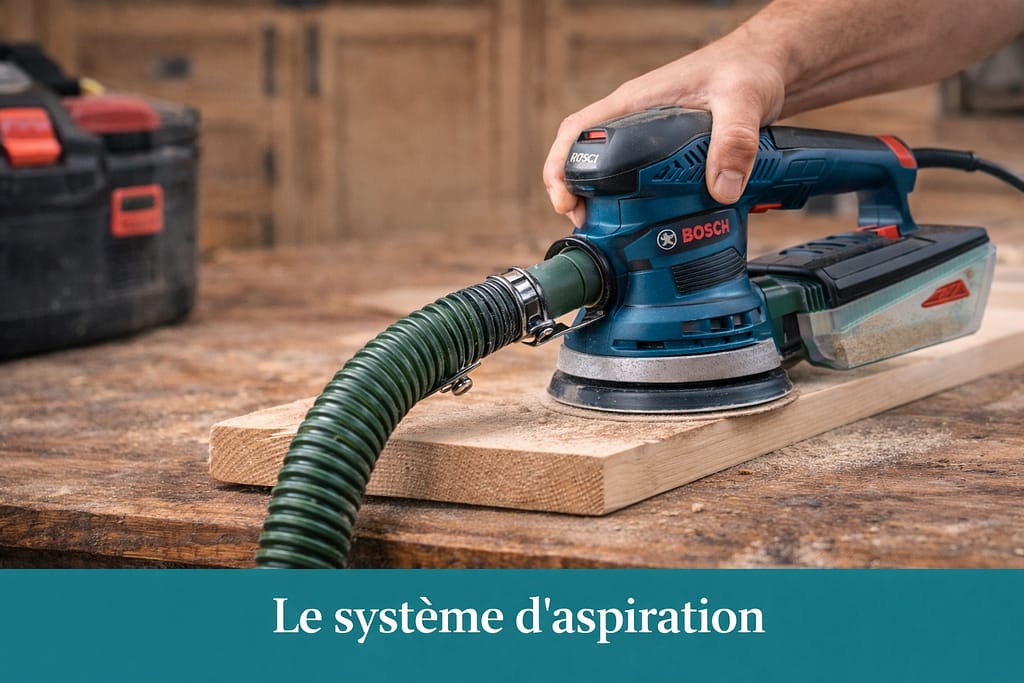 Ponceuse électrique raccordée à un système d’aspiration avec flexible, permettant de capter la poussière de bois pendant le ponçage pour un travail propre et sécurisé.
