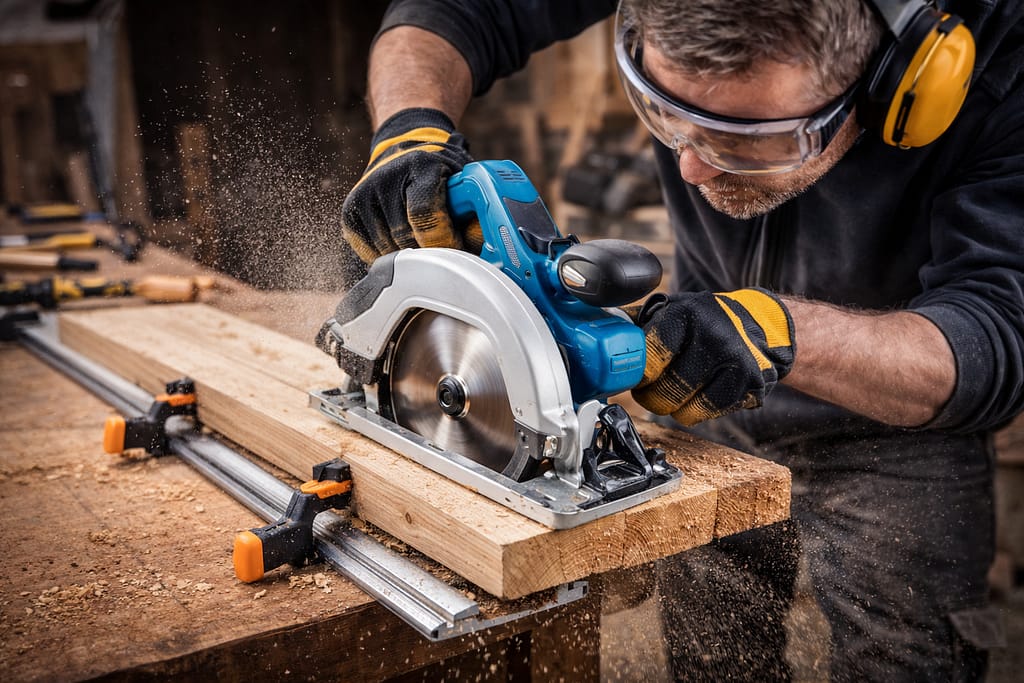 Utilisation sécurisée d’une scie circulaire pour couper une planche de bois, avec la pièce solidement fixée, une lame adaptée et le port de lunettes et protections auditives dans un atelier de bricolage.