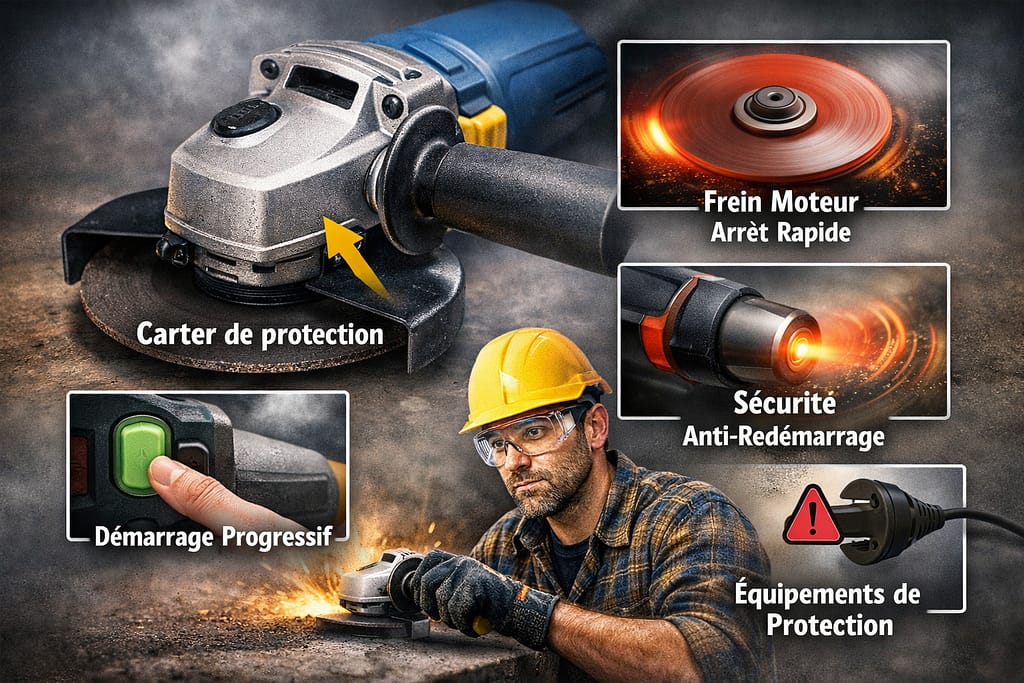Illustration des dispositifs de sécurité d’une meuleuse d’angle : carter de protection, démarrage progressif, frein moteur pour arrêt rapide du disque et protection contre le redémarrage accidentel, avec un utilisateur équipé de lunettes et de gants de sécurité.