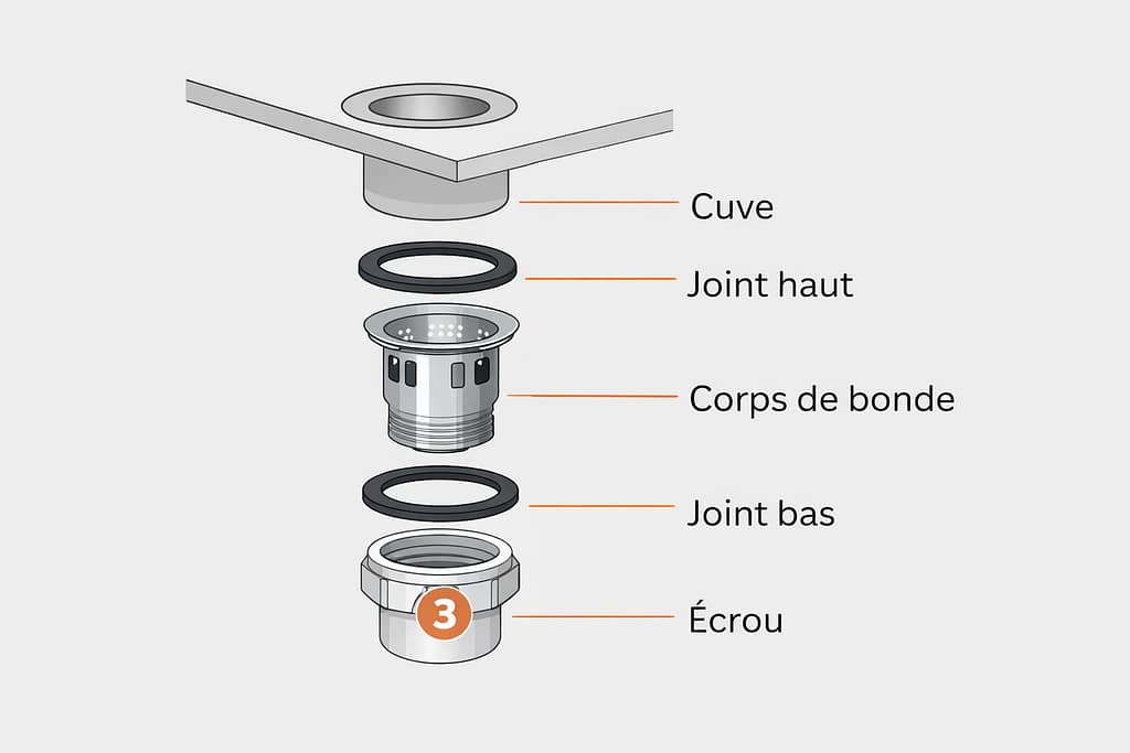 schéma d'une bonde avec comme légende, la cuve, joint, corps de bonde et écrou