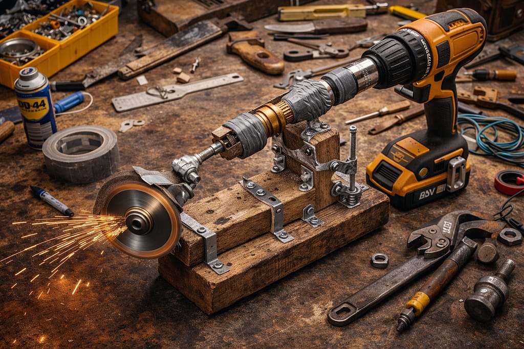 Montage artisanal sur établi utilisant une perceuse sans fil transformée en outil de coupe, avec disque rotatif produisant des étincelles, illustrant une solution de bricolage ingénieuse