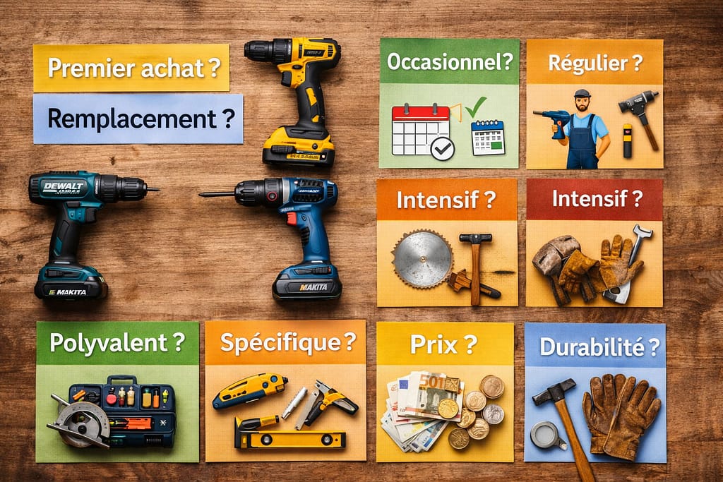 Comparaison d’outils de bricolage illustrant les critères de choix : premier achat ou remplacement, usage occasionnel, régulier ou intensif, outil polyvalent ou spécifique, priorité au prix, à la durabilité ou au confort.