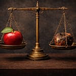 c'est une photo pour illustrer cette citation “Toutes choses sont bonnes ou mauvaises par comparaison.” Edgar Allan Poe. Elle représente une balance de mesure dans laquelle il y a une belle pomme a droite et à gauche une pomme pourrie.