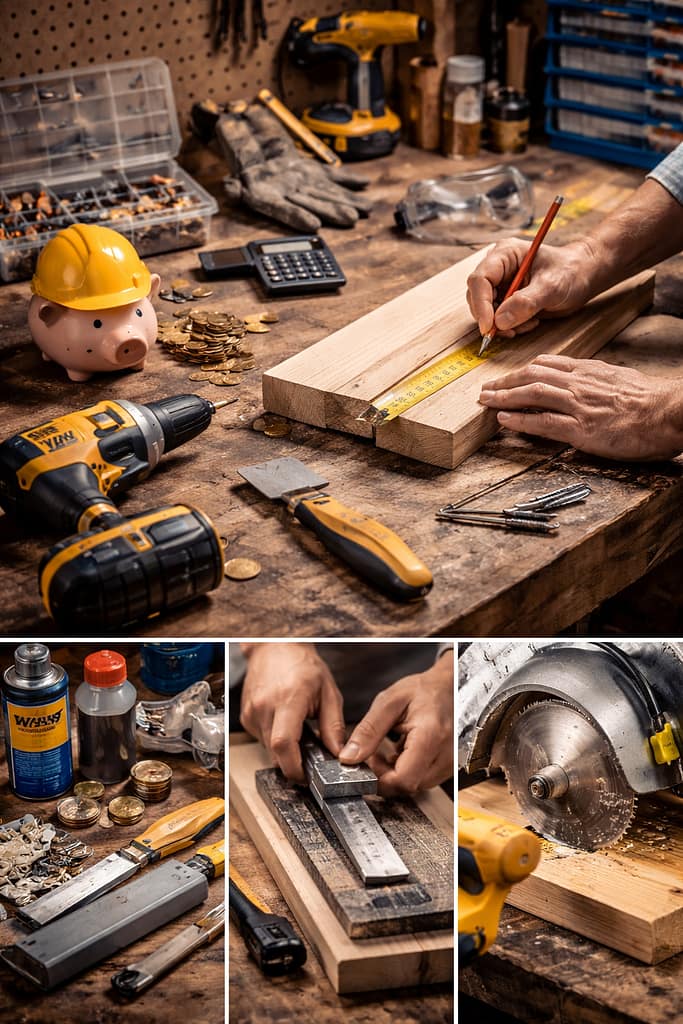 Établi de bricolage avec outils essentiels, gestes précis et équipements de sécurité illustrant des pratiques efficaces, sûres et durables